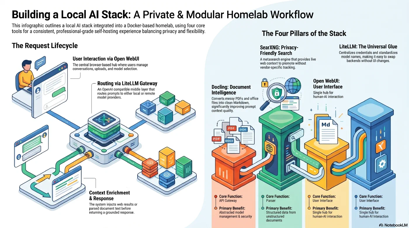 Overview of the modular self-hosted AI stack - AI generated Overview of the modular self-hosted AI stack - AI generated