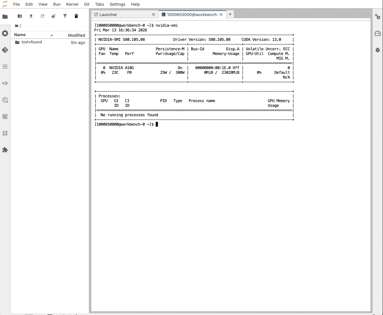 nvidia-smi output from inside an OpenShift AI workbench, confirming direct access to the NVIDIA A10G GPU nvidia-smi output from inside an OpenShift AI workbench, confirming direct access to the NVIDIA A10G GPU