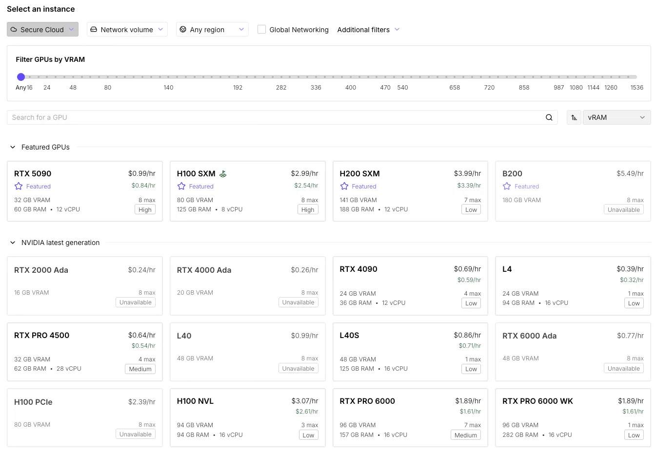 GPU selection on RunPod, ranging from RTX 2000 Ada class cards to H200 and B200 datacenter accelerators GPU selection on RunPod, ranging from RTX 2000 Ada class cards to H200 and B200 datacenter accelerators