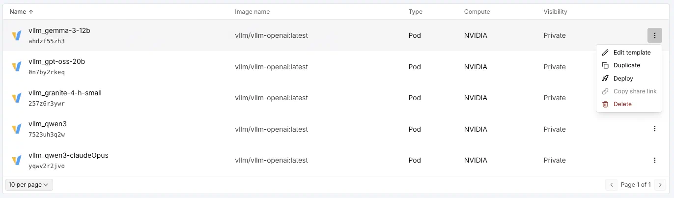 A selection of saved vLLM templates on RunPod, each using to a different model from Hugging Face A selection of saved vLLM templates on RunPod, each using to a different model from Hugging Face