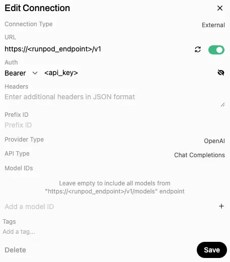 Adding the RunPod vLLM endpoint as an external OpenAI-compatible connection in Open WebUI Adding the RunPod vLLM endpoint as an external OpenAI-compatible connection in Open WebUI