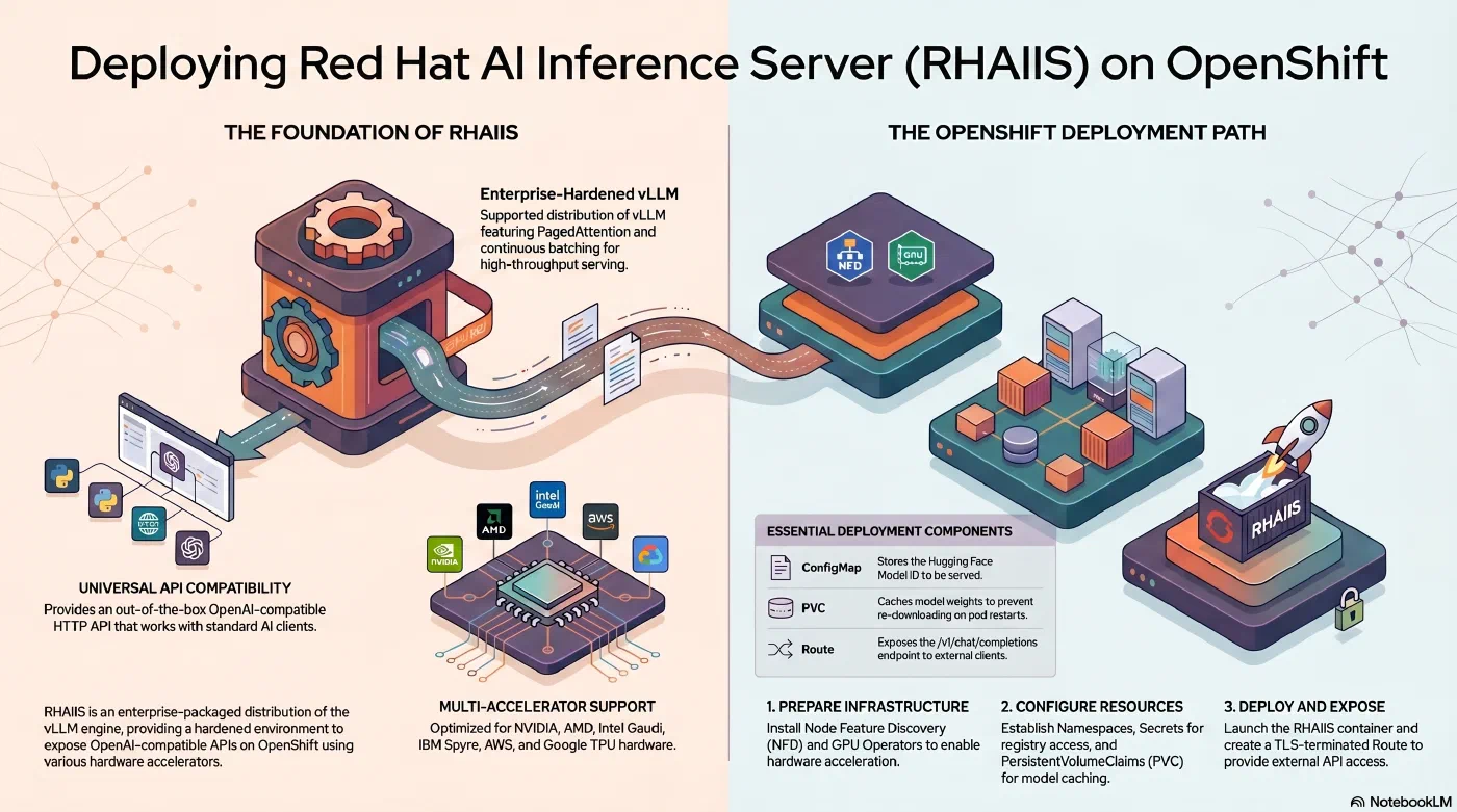 Drop-in OpenAI-compatible inference on OpenShift — RHAIIS packages vLLM for production, with hardware flexibility and a secure external endpoint out of the box - AI generated Drop-in OpenAI-compatible inference on OpenShift — RHAIIS packages vLLM for production, with hardware flexibility and a secure external endpoint out of the box - AI generated
