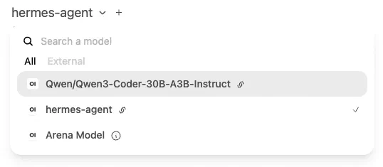 Hermes agent is available in the Open WebUI interface alongside the model served by RHAIIS Hermes agent is available in the Open WebUI interface alongside the model served by RHAIIS