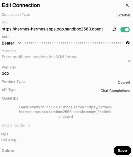 Open WebUI external connection configured against the Hermes Agent endpoint Open WebUI external connection configured against the Hermes Agent endpoint