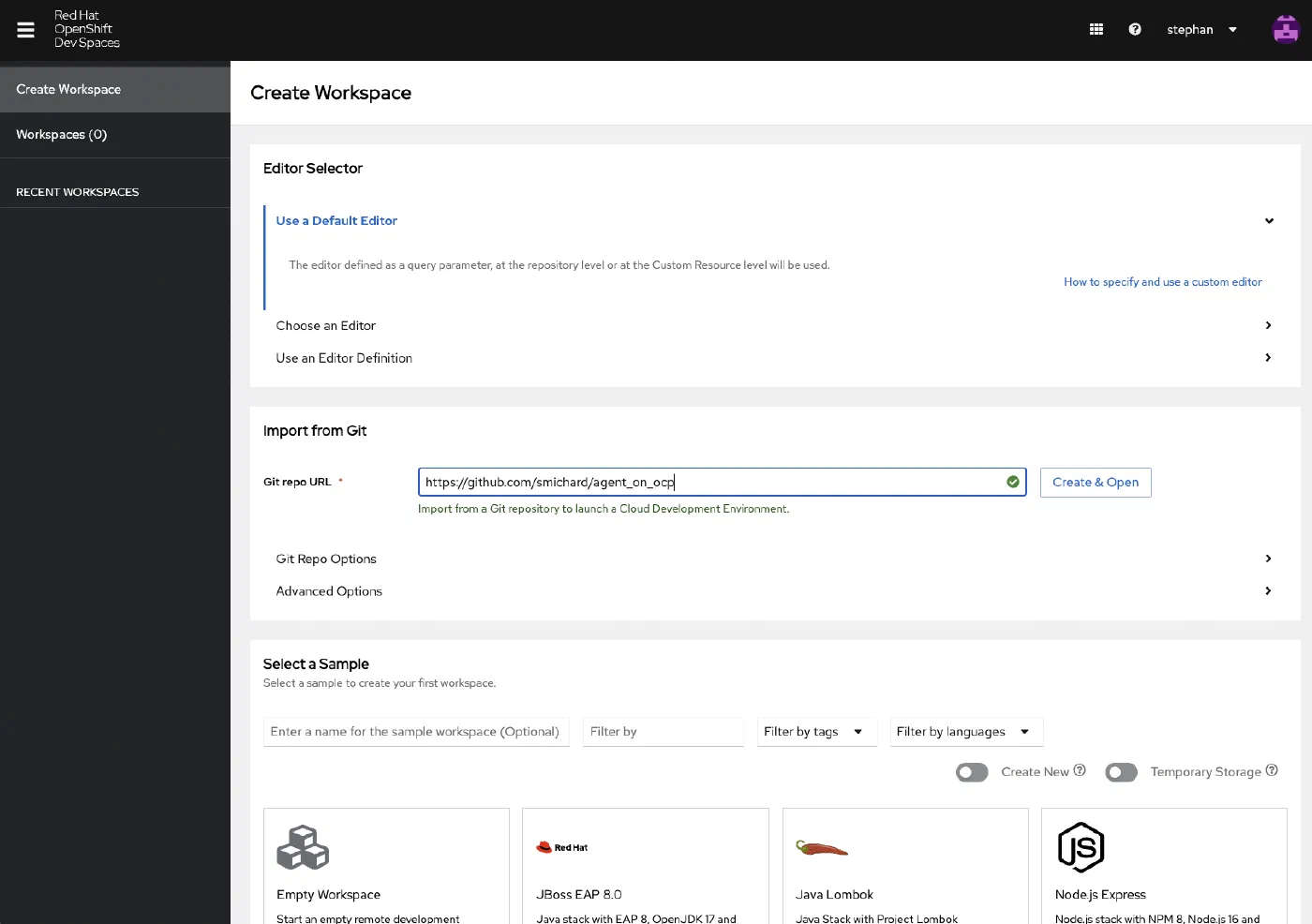 Create Workspace by providing a git repository link Create Workspace by providing a git repository link