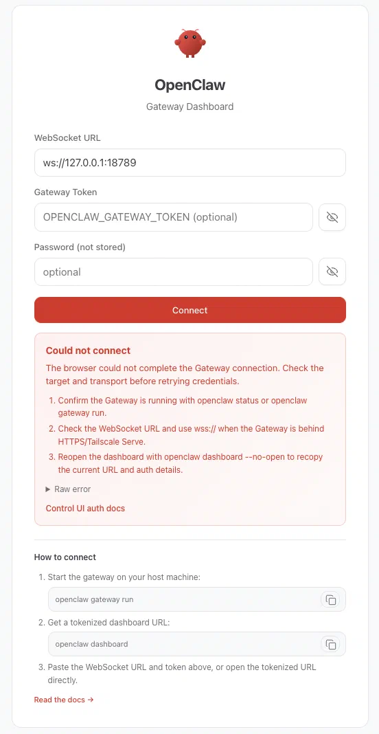 OpenClaw Gateway Dashboard running locally OpenClaw Gateway Dashboard running locally