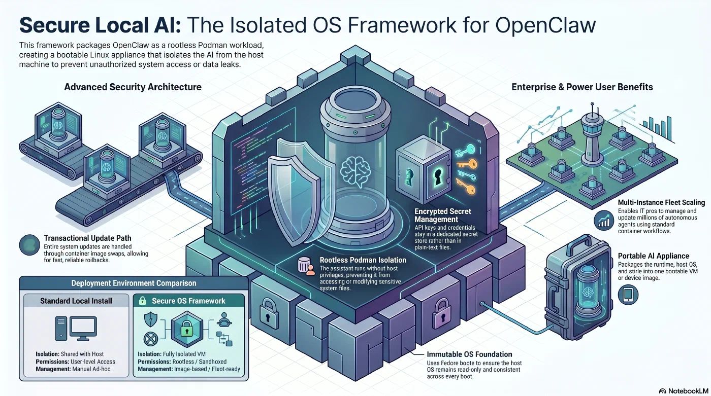 Tank OS packages OpenClaw as a rootless Podman workload inside a Fedora bootc VM - AI generated Tank OS packages OpenClaw as a rootless Podman workload inside a Fedora bootc VM - AI generated