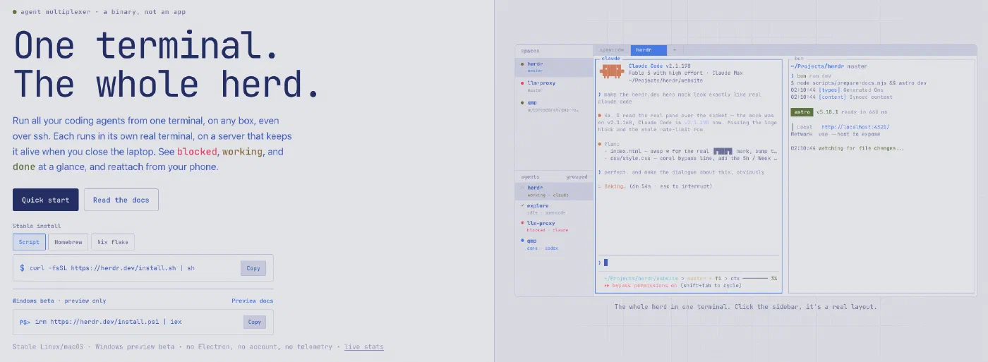 Screenshot taken from the Herdr website. Herdr runs coding agents in terminal panes and shows their status in a sidebar - Source