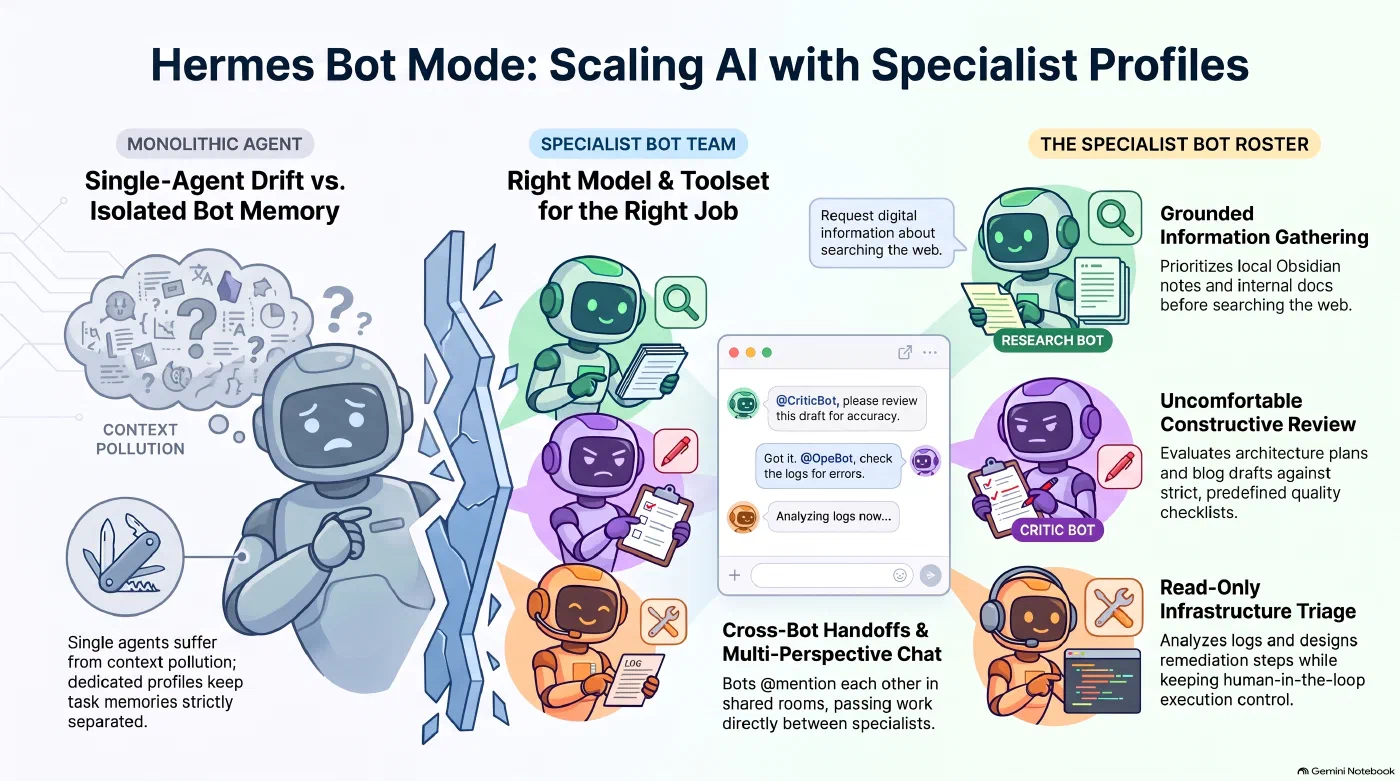 Hermes Bot Mode: Every Profile Becomes a Named Bot with Its Own Chat, Role, Model, and Skills - AI generated Hermes Bot Mode: Every Profile Becomes a Named Bot with Its Own Chat, Role, Model, and Skills - AI generated